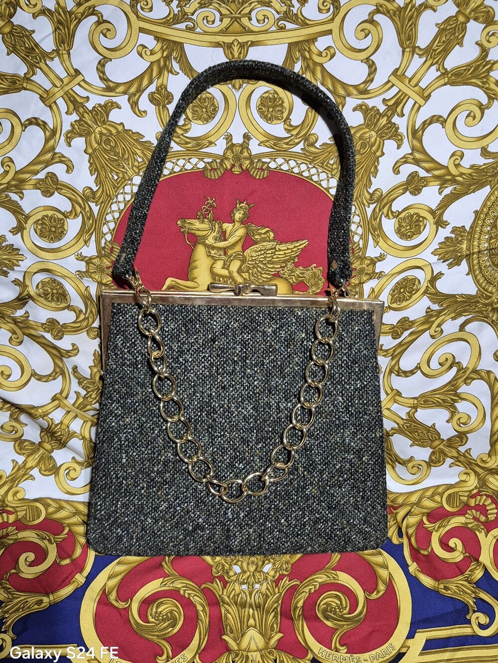 Vintage Luisa Spagnoli Classic  Tweed Top-Handle Bag with Gold Chain